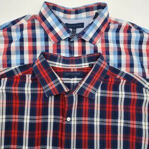 Lot of 2-Tommy Hilfiger Dress Shirts Men 19 Button Down Plaid Blue Red Navy READ